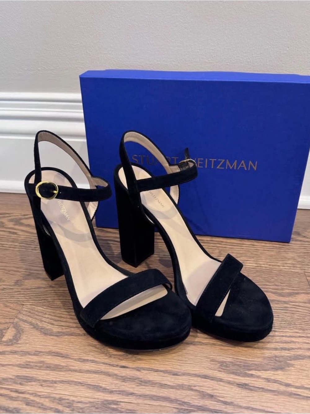 Stuart Weitzman Black Suede Block Heel Sandals with Gold Accent Buckle